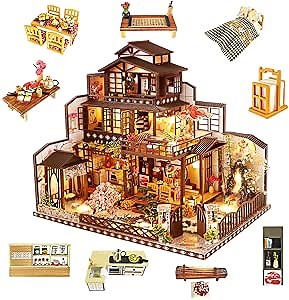 Yuzhen DIY Miniature Dollhouse Kit with Furniture and LED Lights, Japanese Wooden Dollhouse Includes Dustcover and Music Box, Decent Gift for Adults or Kids