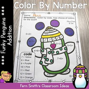 Winter Color By Number Addition Funky Penguin Series