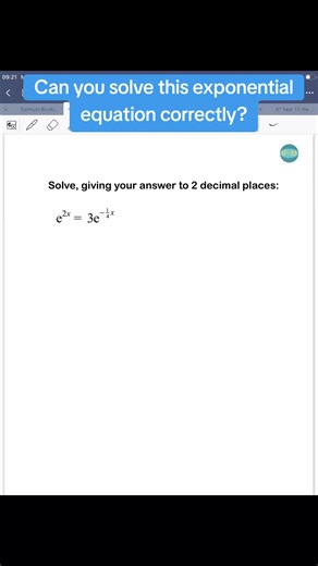 This type of exponential equation appears often in A Level Maths exams. Students often lose marks by forgetting to use logs correctly or by rounding too early. Can you solve it? Have a go before watching the solution! #alevelmathsrevision #alevelmaths #betteryourmaths #puremathsyear12 #mathsrevision