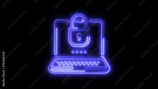 Neon Cybersecurity Lock Icon Video HD - Glowing Red Security Symbol with Computer and Lock on Black Background Animation for Data Protection and Digital Security
