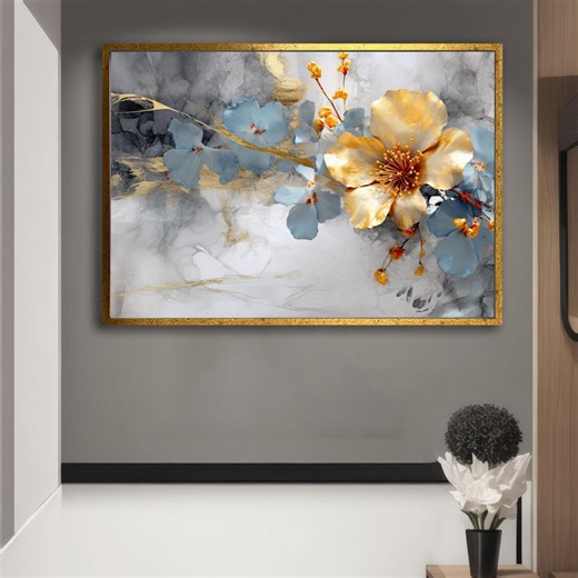 Elegant and Blue Floral Canvas Wall Art, Abstract Flower Modern Home Decor, Metallic Accent Canvas, Ready to Hang Framed Wall Art - Etsy