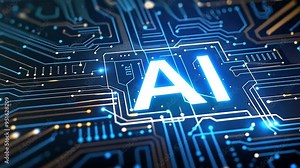 Abstract AI concept. Glowing "AI" symbol on a futuristic circuit board. Technology, innovation, and artificial intelligence.