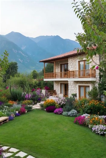 Beautiful Stone House Surrounded by Flowers and Mountains 🏡🌸