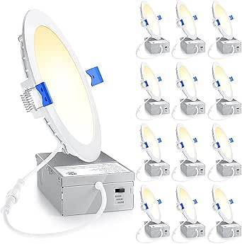 Ensenior 12 Pack 6 Inch LED Recessed Light, Dimmable, 3000K-5000K 3CCT, 1200LM High Brightness, 12W 120V, 3 Pin, ERL-12X-ETL, Damp Rated, Ultra-Thin Canless Wafer Ceiling Light - ETL & FCC & IC