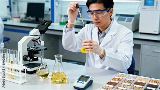 Technician examining oil quality in a bright onsite lab using glassware and precision instruments to ensure product standards with seed samples nearby.