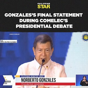 Norberto Gonzales delivers his final statement during Comelec’s first presidential debate. #PiliPinasDebates2022 #BilangPilipino2022 | Philippine Star