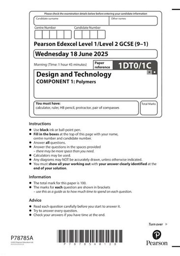 2025 Pearson EDEXCEL GCSE Design And Technology Component 1 1dt0 1c Polymers