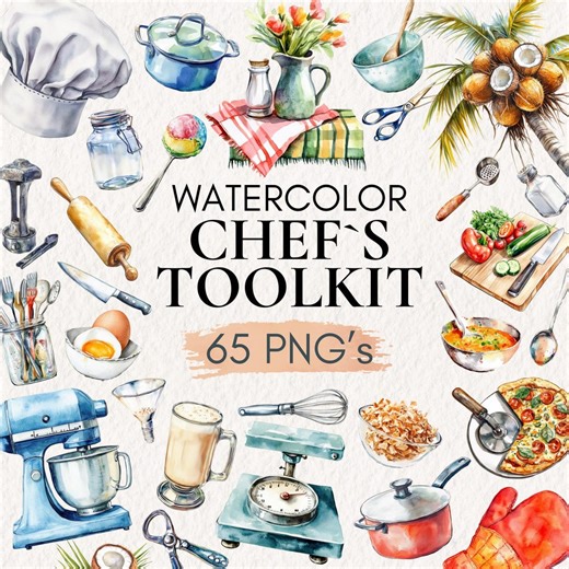 Watercolor Chef Tools Clipart, Kitchen Utensils PNG, Baking Equipment, Stand Mixer Illustration, Recipe Card Graphics, Cooking Pan Art - Etsy