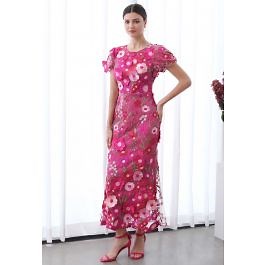 3D Floral Applique Mesh Tulle Mermaid Maxi Dress in Magenta