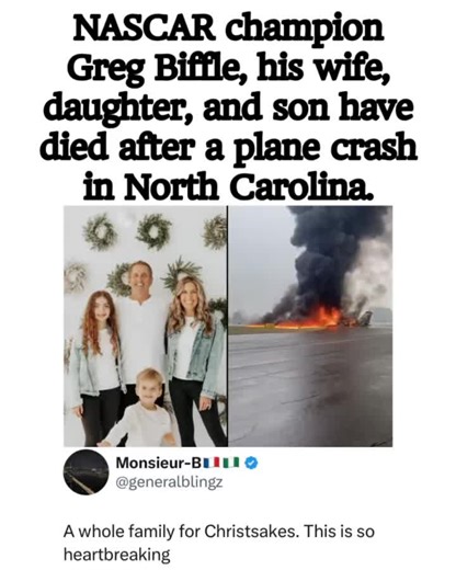 Pop Culture Memes Culture Viral News on Instagram: "We are deeply saddened to confirm that former NASCAR champion Greg Biffle, his wife Cristina Grossu Biffle, and their children Emma (14) and Ryder (5) were among the victims of a tragic plane crash in Statesville, North Carolina on December 18, 2025. The family was aboard a private jet that crashed while attempting to land, and there were no survivors among the family members. Local authorities and federal investigators are continuing to invest