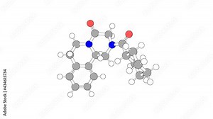 360º realistic 3D view of Praziquantel as a seamless loop over a white opaque background with alpha mask. Also called biltricide and droncit.