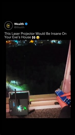 Wealth on Instagram: "This is not a projector, it is a laser weapon for graffiti made of light. 👀⚡ Instead of pixels, this device uses a single high-intensity laser steered by ultra-fast galvanometer mirrors. The beam moves thousands of times per second, so fast that your eyes cannot track it, and your brain fills in the motion as solid shapes using persistence of vision. Because it is laser-based, there is no focus limit. No screen. No blur. The image stays razor-sharp whether it is drawn acro