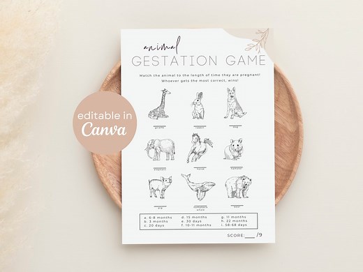 Baby Shower Game Animal Gestation Age Editable Printable | Animal Pregnancy Lengths Boho Minimalistic Neutral Modern Baby Sprinkle B42 - Etsy