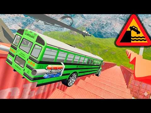 BeamNG Drive USA School Bus Crash – Stairs Jumps Down With Extreme Damage Physics