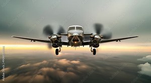 Front view of a twin-engine propeller airplane flying with spinning propellers against a dramatic sunset sky.