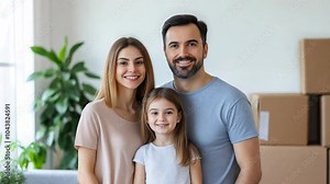 A family of three smiles joyfully in their new residence, with unpacked boxes in the background, celebrating their move