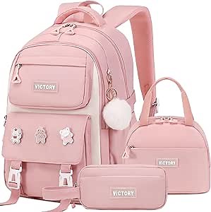 AO ALI VICTORY Backpack for Girls 3 PCS Cute School Backpacks Elementary Kids Book Bag with Lunch Box Pencil Case Set Laptop College Travel Back Pack Large Bookbags for Girl Teens Women Student Pink