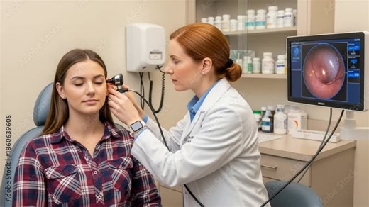 Female doctor examining a young womans ear with an otoscope in a medical office setting with a monitor displaying an ear canal image