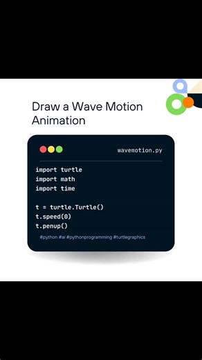 DigitalYash on Instagram: "🌊 Python Turtle Wave Animation! Watch how a simple sin() function creates a smooth moving wave in real time. Python + Math = Magic ✨🐍 Tag someone who loves coding! ⬇️ Code in comments/description #python #pythonreels #codingreels #turtlegraphics #waveanimation #sinewave #animationart #programminglife #pythontutorial #codingfun"
