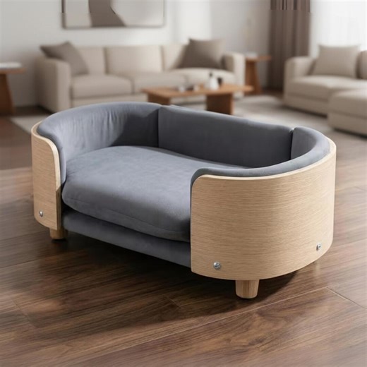 Modern Wooden Pet Bed With Washable Velvet Cushion, Scandinavian Dog Lounge, - Etsy