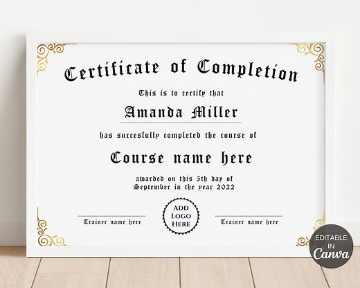 Editable Certificate of Completion Template, Gold Certificate Template, Printable Certificate Canva Template, 2 Sizes Included. TDS-10 - Etsy