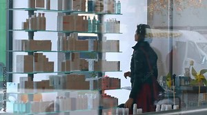 Woman looks at the medicines in the pharmacy window.