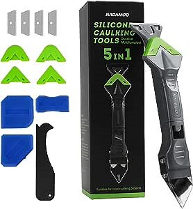 Silicone Caulking Tool Kit 5-in-1 with 4 Replaceable Blades, Caulk Remover, Glass Glue Angle Scraper, Grout Remover Tool, Sealant Scraper - Caulk Finishing Tools for Kitchen Bathroom Window Sink Joint