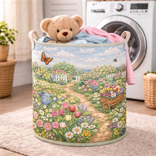 Floral Garden Quilted Laundry Basket, Spring Flower Laundry Hamper With Butterfly Design, Cute Nursery Storage Bin, Laundry Room Decor - Etsy
