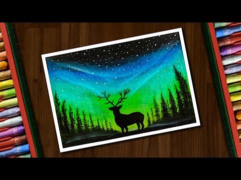 Aurora Night Drawing with Oil Pastels for beginners - step by step