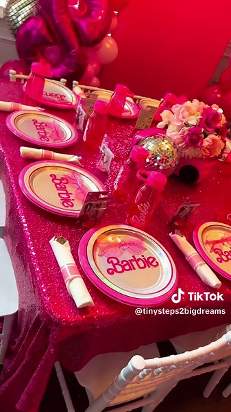 Barbie Birthday party setup for my niece & her friend. Table centerpiece idea came from @Kristin | mom of 2 #barbie #barbiegirl #partydecor #barbieparty #barbiecenterpieces #fyp #tinysteps2bigdreams #journeykouturekreations