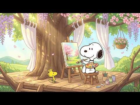 Snoopy Painting Under Cherry Blossoms 🌸 Soft Spring Lofi for Relaxing Happy Days