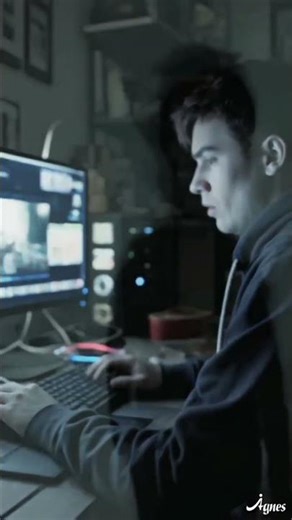 aivideo#a man is sitting in a desk and playing games at lane night and his computer glitches.