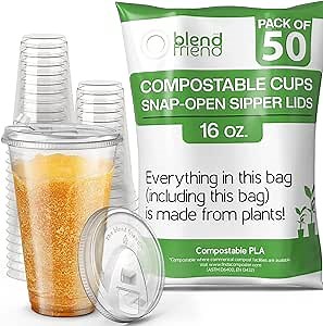 [16oz, 50 pack] Compostable Cups with Lids – Eco plant based cups with strawless snap-fit sipper lids- Green Eco Friendly Alternative to Clear Plastic Cups with