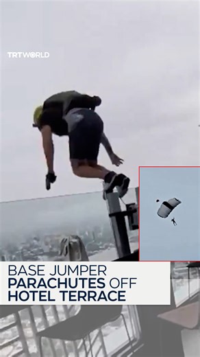 A BASE jumper parachuted off the 41st floor of the Hotel Riu Plaza Guadalajarain Guadalajara, Mexico, on February 10. Authorities have since closed the hotel’s terrace for allowing the stunt, citing violations of safety protocols that endangered the jumper and the public. BASE jumping is the sport of parachuting off fixed objects. BASE refers to four categories of fixed objects from which one can jump: Buildings, Antennas (radio towers), Spans (bridges) and Earth (cliffs). | TRT World