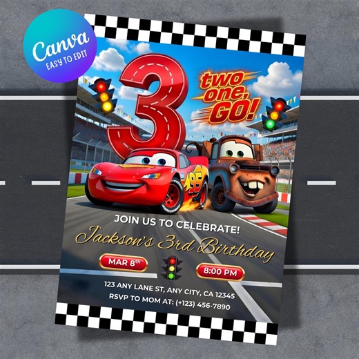 Lightning Mcqueen 3rd Birthday Invitation, Kids Birthday Party, Cars Theme, Editable Canva Template Digital Download - Etsy