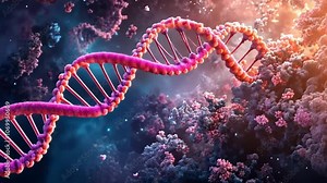 Close-up view of a dna strand forming, with its intricate double helix structure, providing a visual representation of genetic information. Banner.