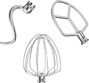 Stainless Steel Attachments 3-Piece for KitchenAid 5.5-6 QT Bowl-Lift Stand Mixer and Mixing Bowl,Includes Wire Whisk, Flat Beater, Dough Hook,Dishwasher Safe and Heavy Duty