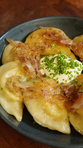 Derek Chen on Instagram: "Episode 10: Pierogi Ingredients Dough - 480 grams all-purpose flour - 1/2 tsp salt - 1 cup water - 2 eggs Filling - 3 tbsp butter - 1 onion(diced) - 3 russet potatoes(peeled and cut) - 1 cup farmers cheese(or use 1/2 cup ricotta and 1/2 cup goat cheese) - Salt and pepper to taste Topping - Sauteed onions - Sour cream - Chives Instructions Dough 1. In a bowl, whisk together eggs and water. Combine flour and salt and pour in egg/water mixture and knead until a dough ball 