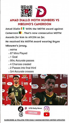 Amad Diallo MOTM Numbers Vs Mbeumo’s Cameroon | #manutd #mufc