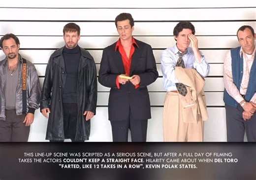 George • Goosebumps Cinema on Instagram: "The lineup scene in The Usual Suspects is iconic for one simple reason: none of it went according to plan. The cast was supposed to play it straight, but Del Toro kept cracking everyone up, Baldwin was improvising wild deliveries, and every take fell apart. Instead of reshooting, the editor convinced Bryan Singer to keep the chaos in - and it became one of the most unforgettable moments in 90s cinema."