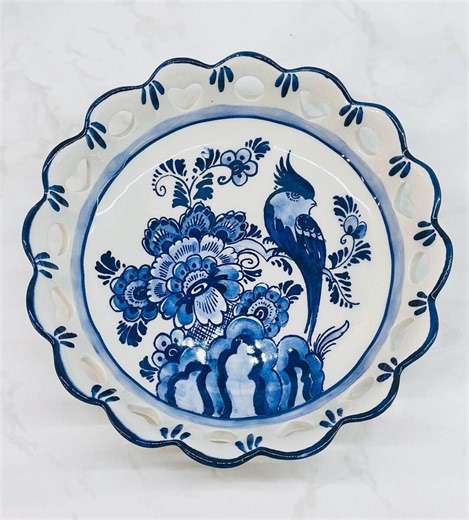 Vintage Delft Blue Pottery Bowl: Handpainted Floral Bird Dish - Etsy