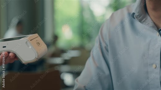 Cropped view unrecognizable business man paying plastic credit bank card with terminal gadget device in cafe restaurant coffeehouse businessman male guy visitor client pay order with online banking
