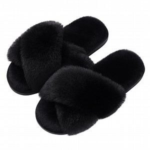 Litfun Women's Fuzzy Slippers Open Toe Cross Band Slippers Memory Foam House Slippers for Women, Black - Walmart.com