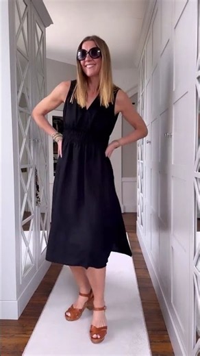 Black Midi Dress with Smocked Waist, Woven Raffia Tote and Wooden Clog Sandals #blackdress #ootd