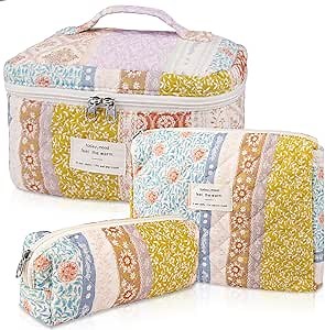 Gosect Quilted Makeup Bag Set, Large Floral Cosmetic Bag for Women, Cute Cotton Makeup Bag, Flower Travel Toiletry Organizer Bag(Color-Coded Floral)