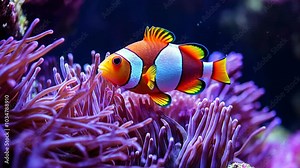 A vibrant orange and white clownfish swims past purple coral in an aquarium