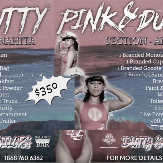🎉 Are you ready to experience the ultimate Pink and Dutty Jouvert party of 2026? 🎉 Calling all DUTTY SAILORS! 🌊 Get registered NOW and join us for the BEST jouvert experience in TUNAPUNA! 🥳 ✨ CHOOSE YOUR COSTUME ✨ Which one will you rock? ♦️ ANAHITA ♦️ MISTY ♦️ CARDELIA ♦️ POSEIDON Your unforgettable package includes: 🎽 Branded Costumes 🥛 Branded Party Cups 🎒 Branded Goodie Bag 🌮 Delicious Breakfast 🎨 Paint & Powder Fun 💦 Water to keep you refreshed 🚛 40’ Trailer Truck for the vibes �