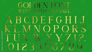 Premium golden isolated alphabet font with alpha channel. Elegant gold metal chrome letters. Typography classic style vip font set for title. Luxury text effect. Casino royal or grand hotel text logo