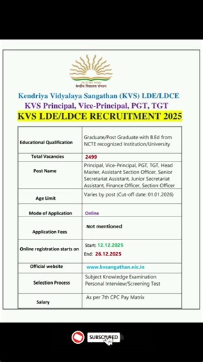 KVS LDE/LDCE Recruitment 2025 |New Vacancy2025| Job Journey #shorts#sarkarunaukari#job#govermentjobs