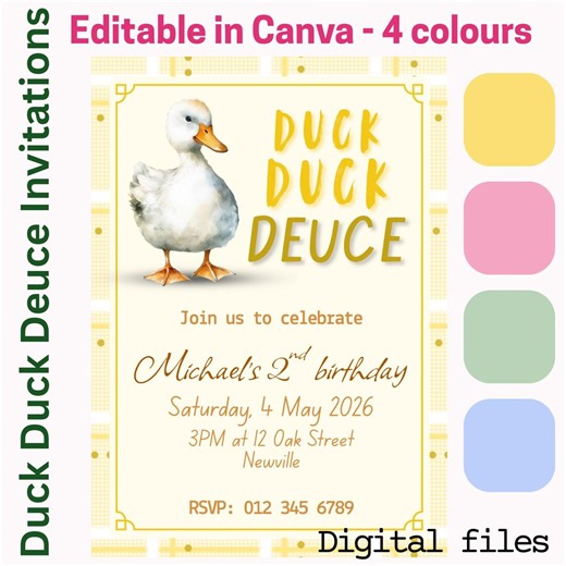 Duck Birthday Invitation Template | Editable Duck Duck Deuce Birthday Invitation| Birthday Printable Invite | Duck Second Birthday | Canva - Etsy